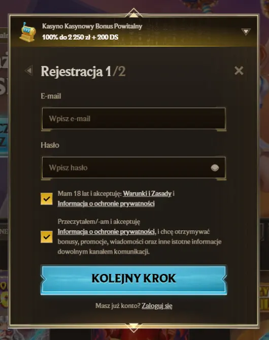 Bieżący formularz rejestracji Realz bez danych osobowych