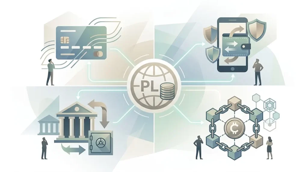 Ilustracja kategorii płatności: PLN, karta, e-portfel i kryptowaluta