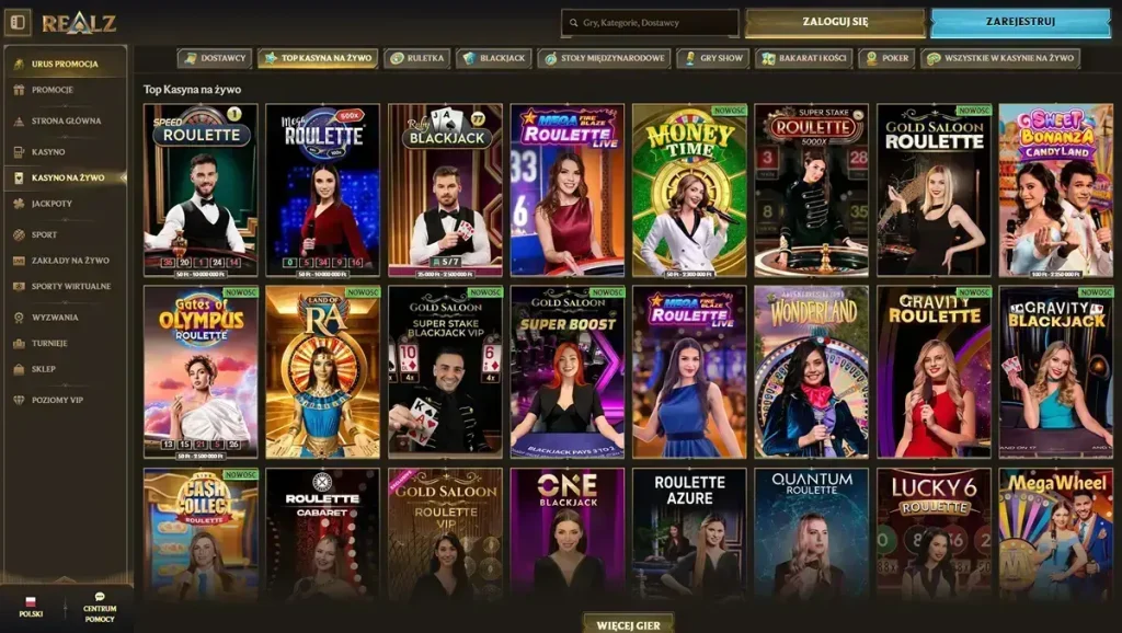 Sekcja live casino Realz z kategoriami stołów